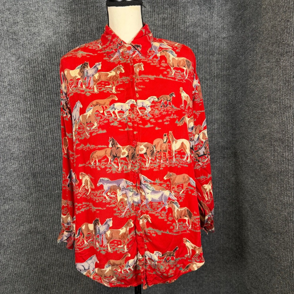 VTG 90s Why Not! Western Horse Shirt Women L Red Rayon Cowgirl Rodeo Equestrian